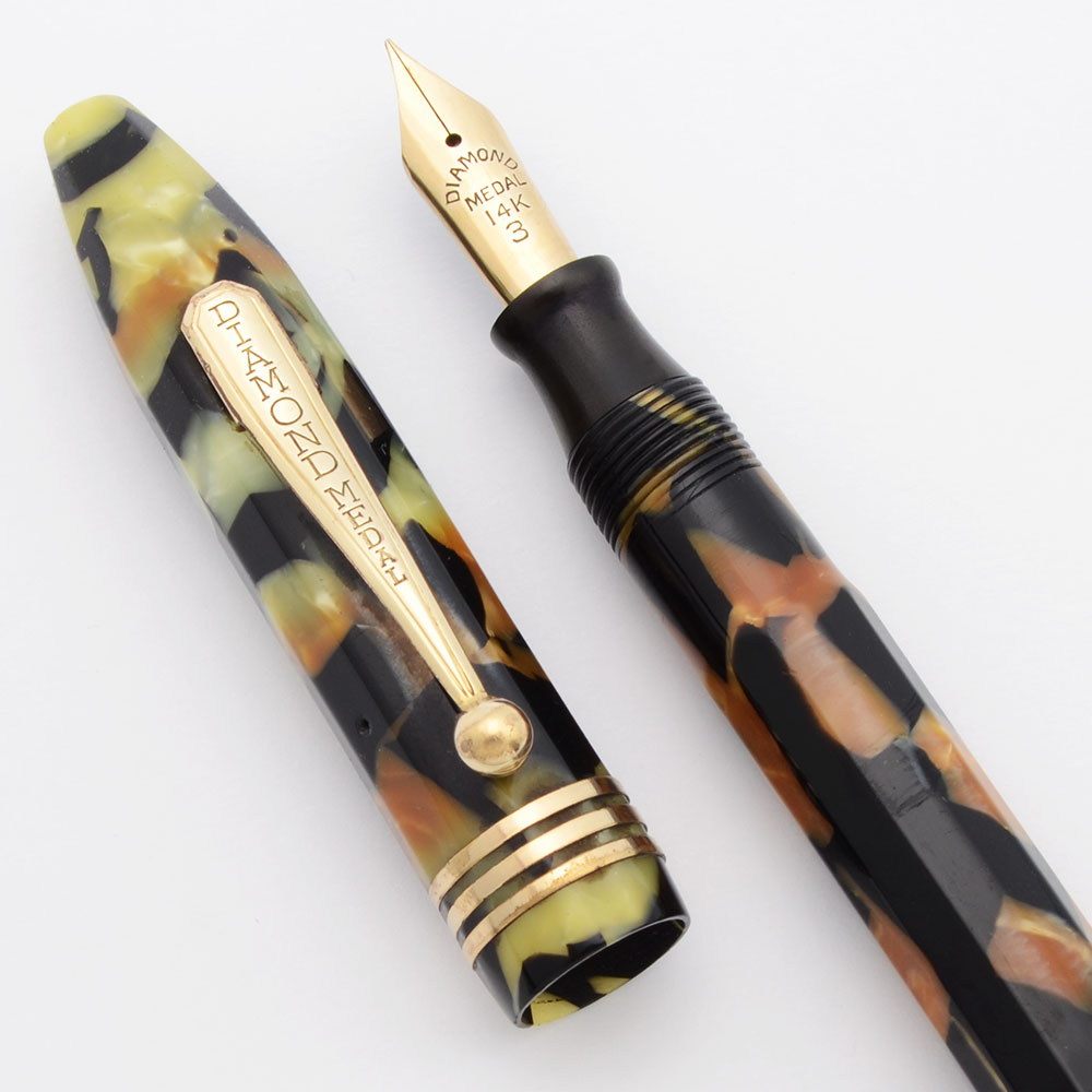 PEN PENさま専用　昭和初期　アンティークの名古屋帯 Diamond Medal Faceted Fountain Pen (1930s) - Black & Pearl w/GT